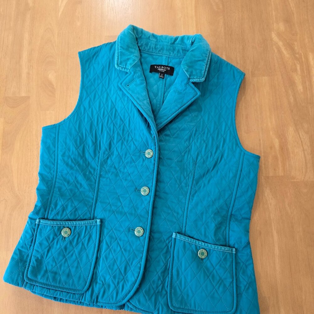 Talbots Petite Fleece Lined Quilted Button Vest Corduroy Trim‎ Teal Blue Small